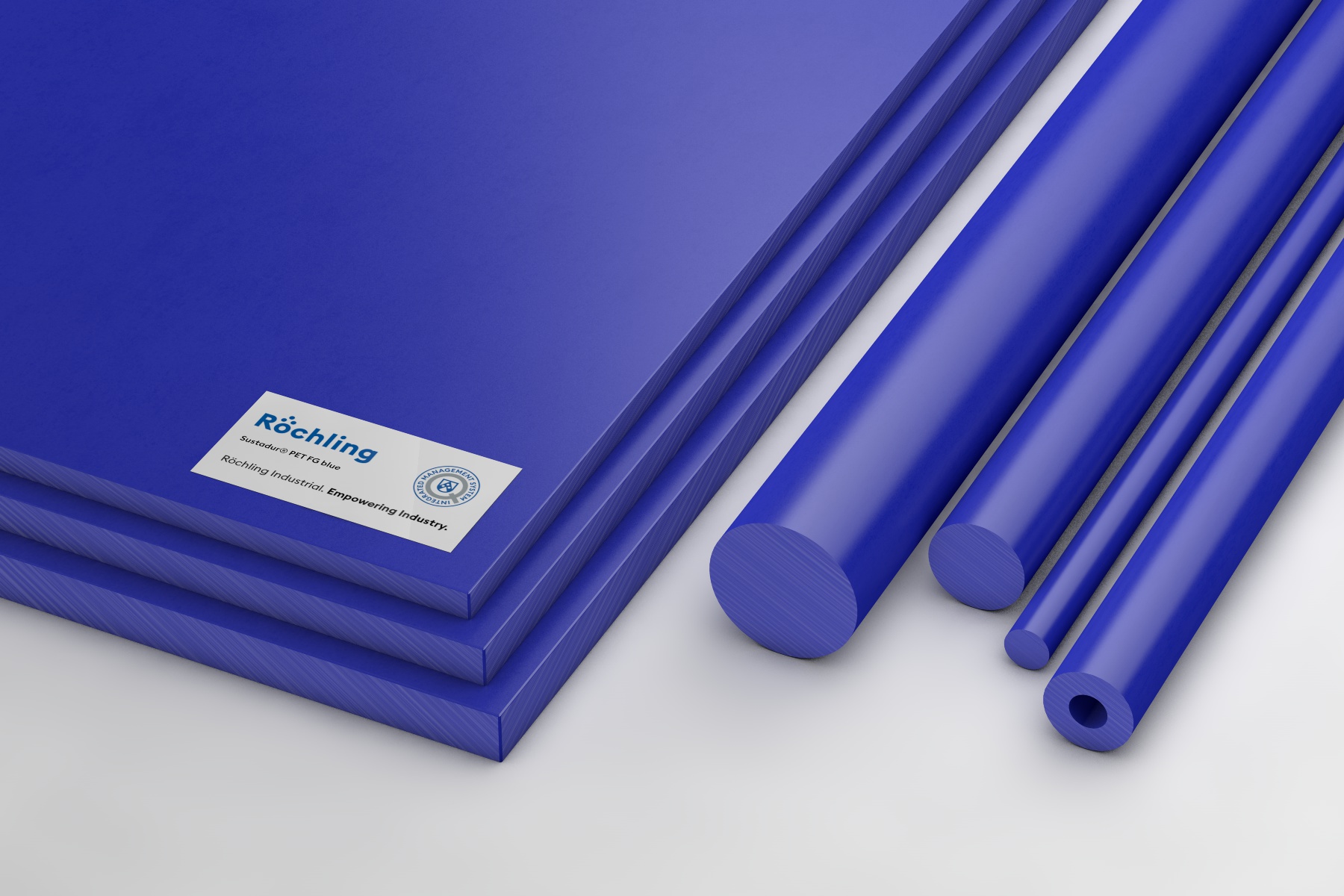 Round bar and sheets made of Sustadur® PET FG, colour: blue