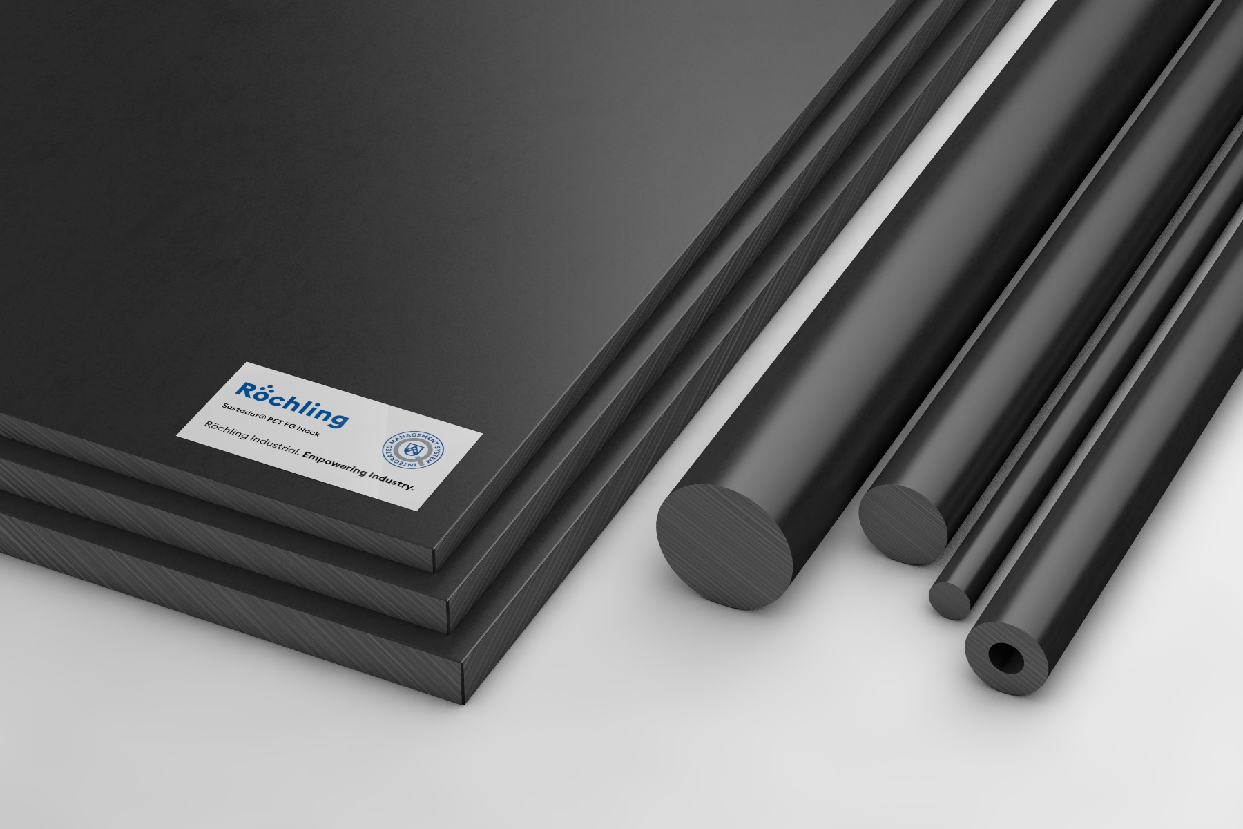 Round bar and sheets made of Sustadur® PET FG, colour: black